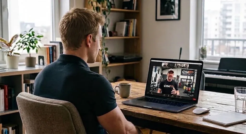 A gym owner on a video call with Regymo, with the things owners ask on a first call in a bubble above the laptop